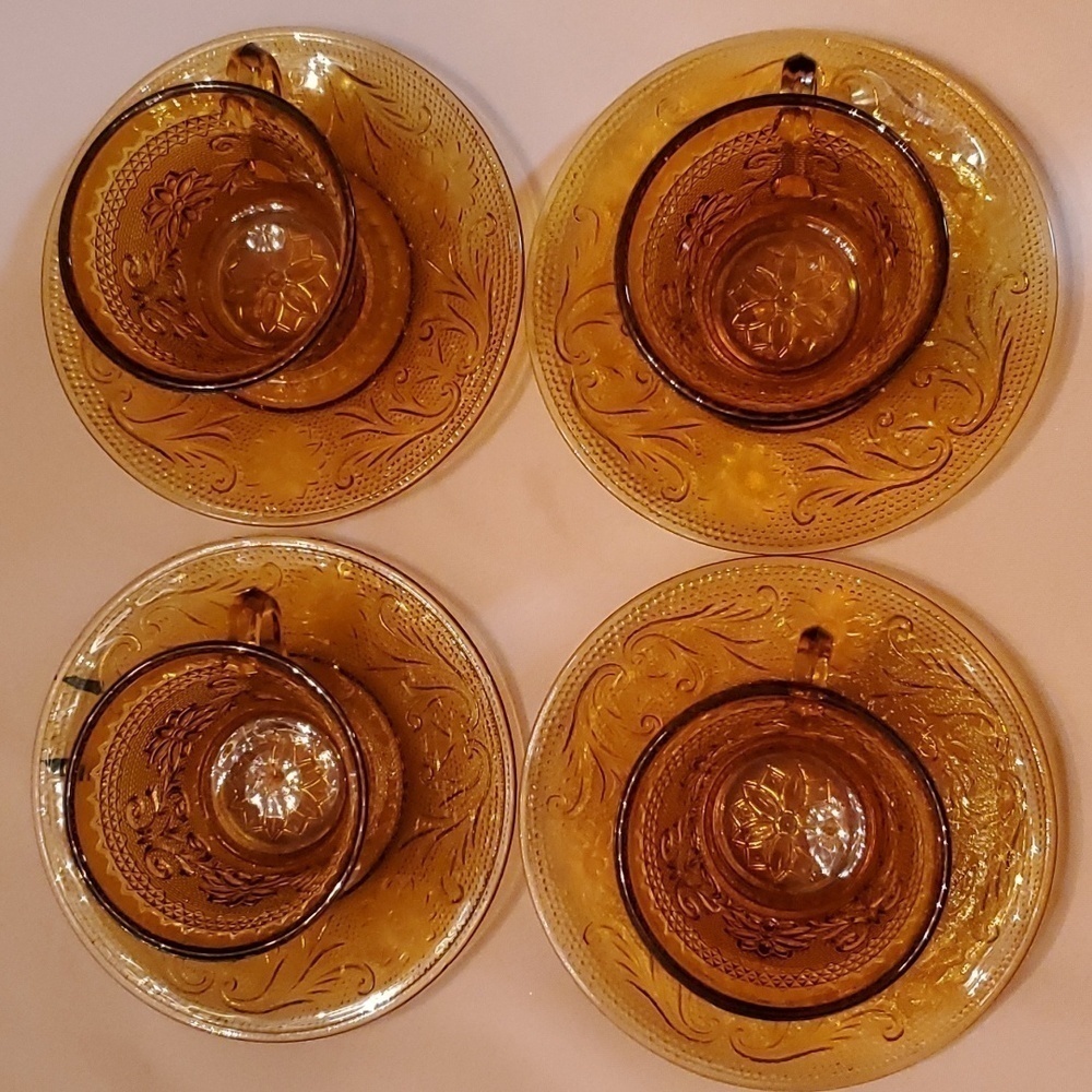 Vintage Tiara Crystal Cup & Saucer Set of 4 Sandwich Pattern Amber Indiana Glass - Picture 3 of 13